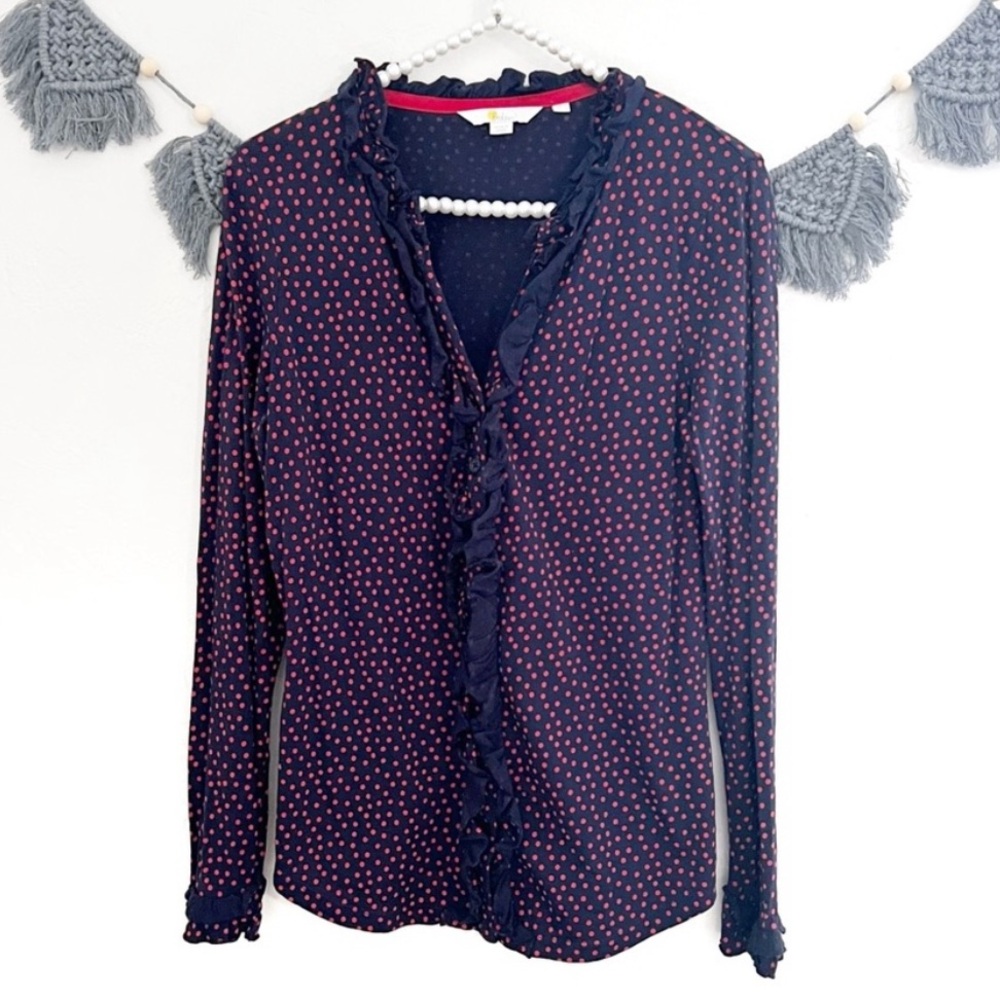 Boden Navy Polka Dot Ruffle Cardigan